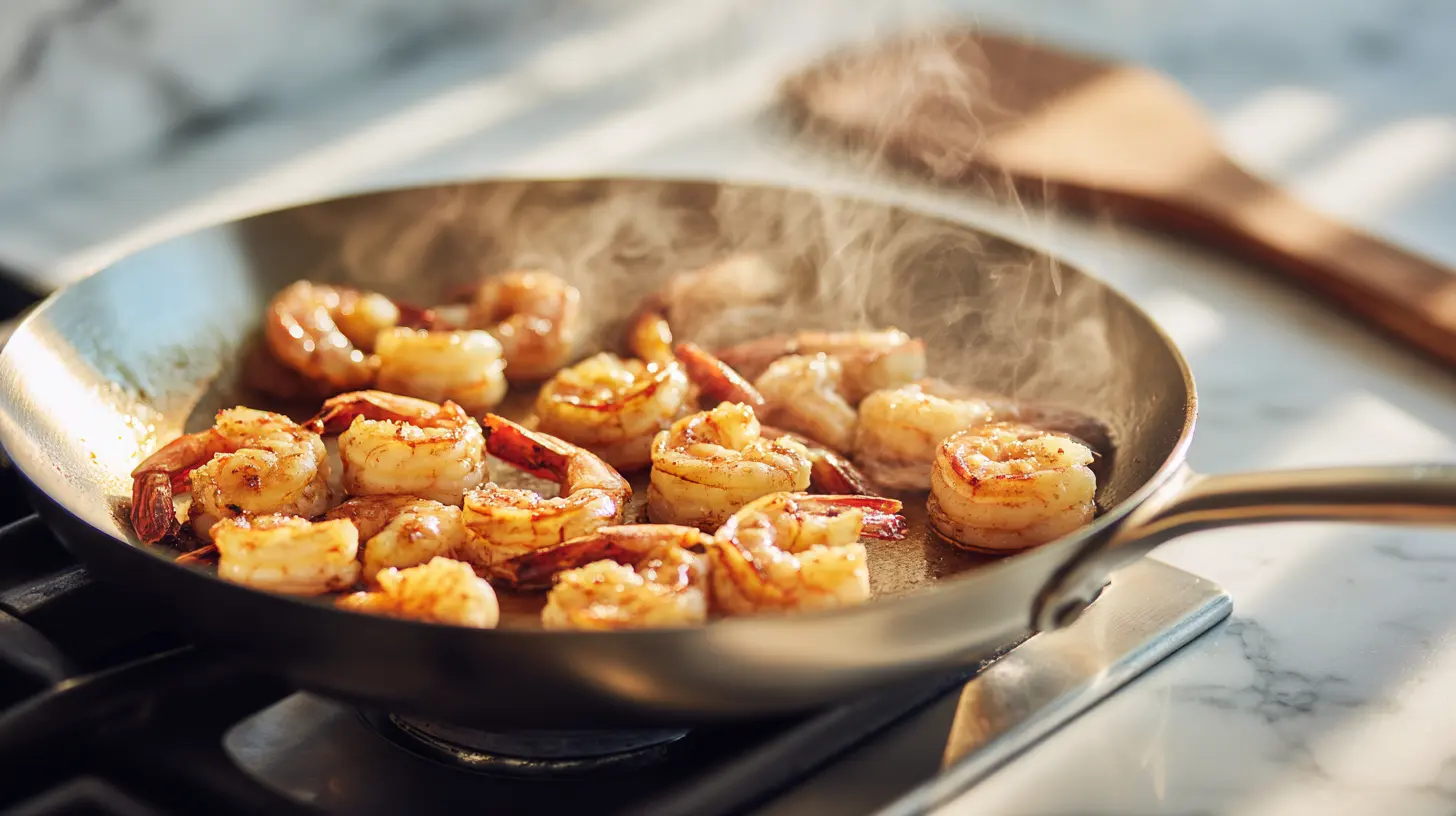 Large shrimp searing in hot stainless steel wok with golden brown color developing on marble kitchen counter
