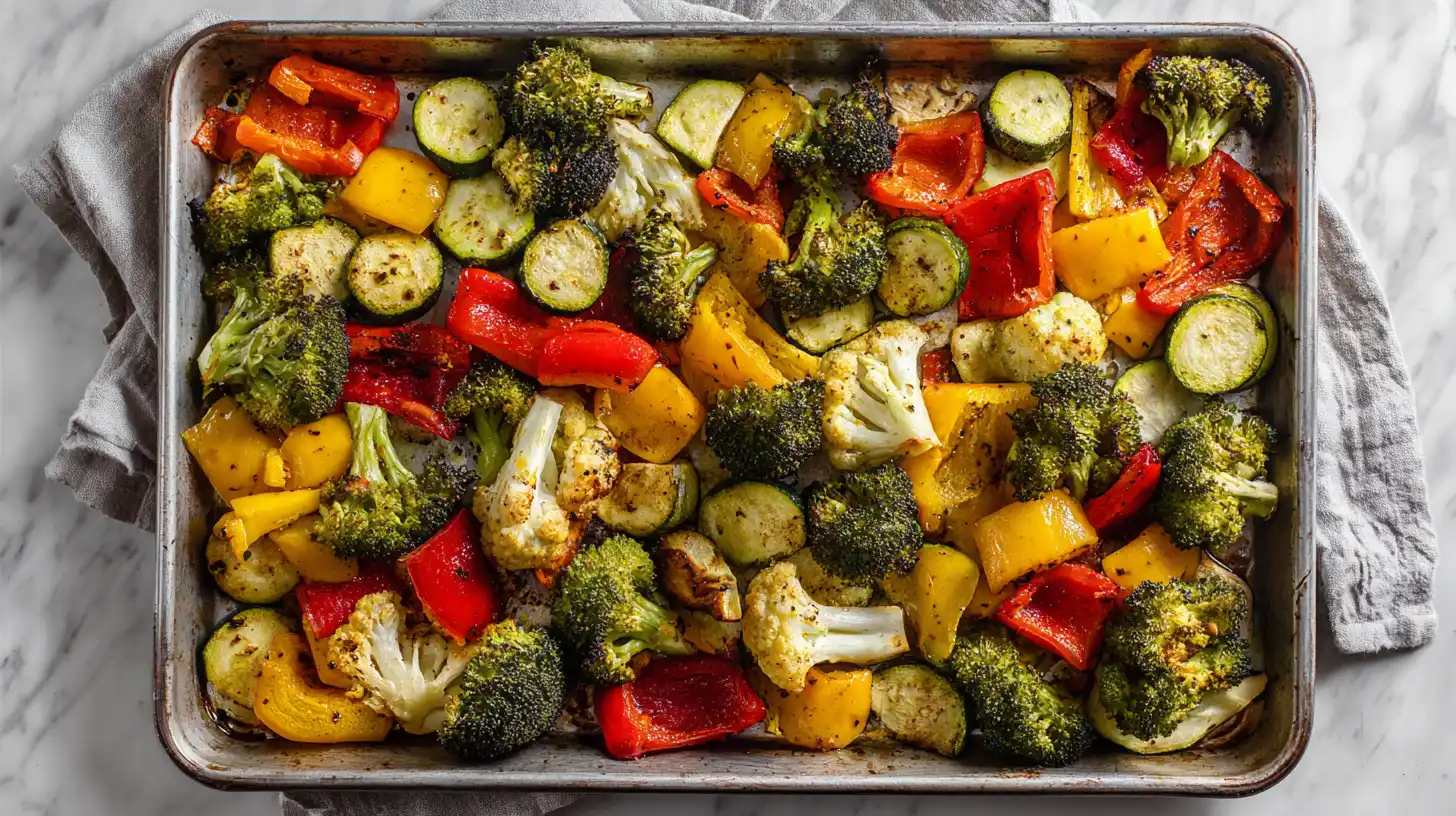 Baking sheet with roasted broccoli, bell peppers, and zucchini fresh from the oven