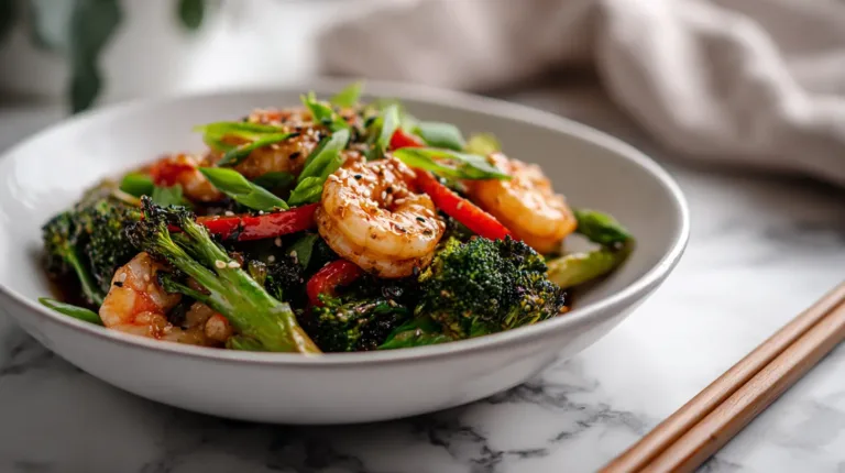Quick shrimp stir fry with broccoli, bell peppers, and snap peas in savory sauce served in white bowl on marble counter