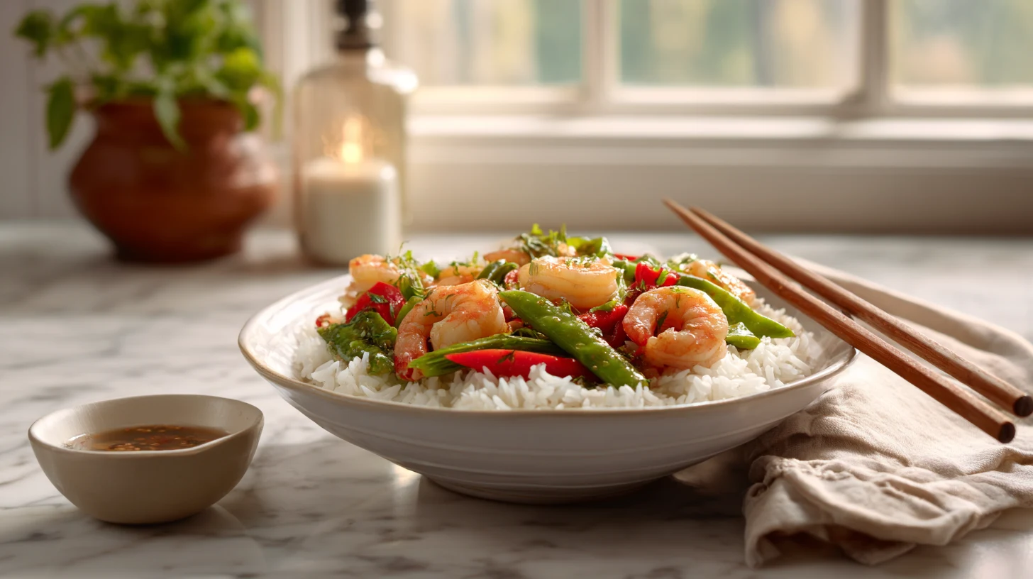 Complete shrimp stir fry dinner served over fluffy white rice in white bowl with chopsticks on marble counter