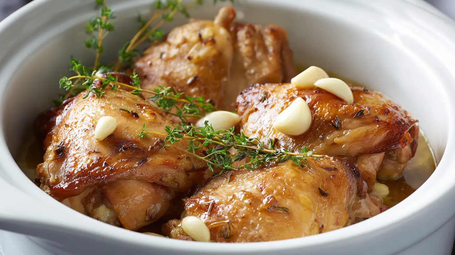 Tender golden-brown cooked chicken thighs in white slow cooker with herbs and natural juices