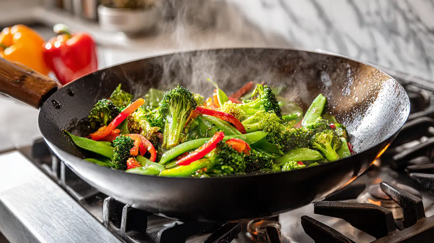 Colorful vegetables stir frying in wok with broccoli, bell peppers, and snap peas developing caramelized edges