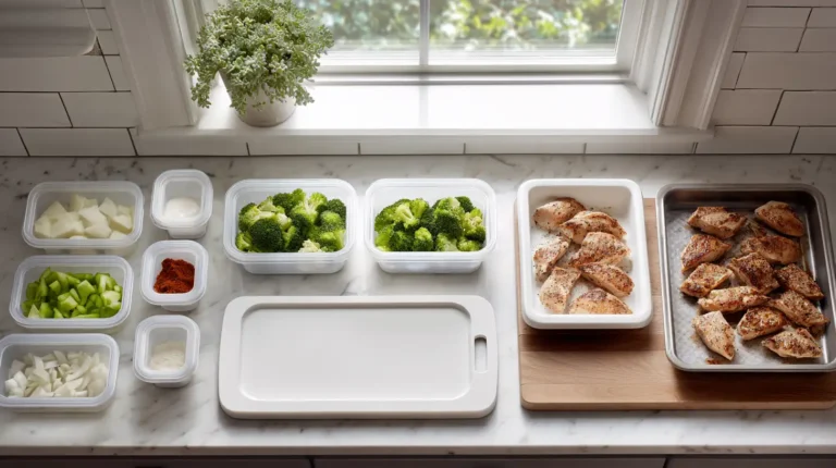 Kitchen counter with meal prep containers, chopped vegetables, and cooked proteins organized for the week