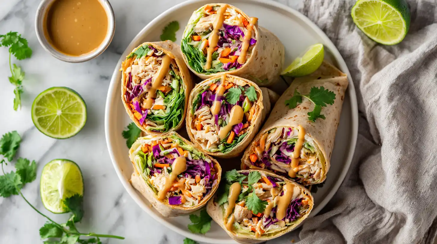 Thai peanut chicken wraps with fresh vegetables on white plate