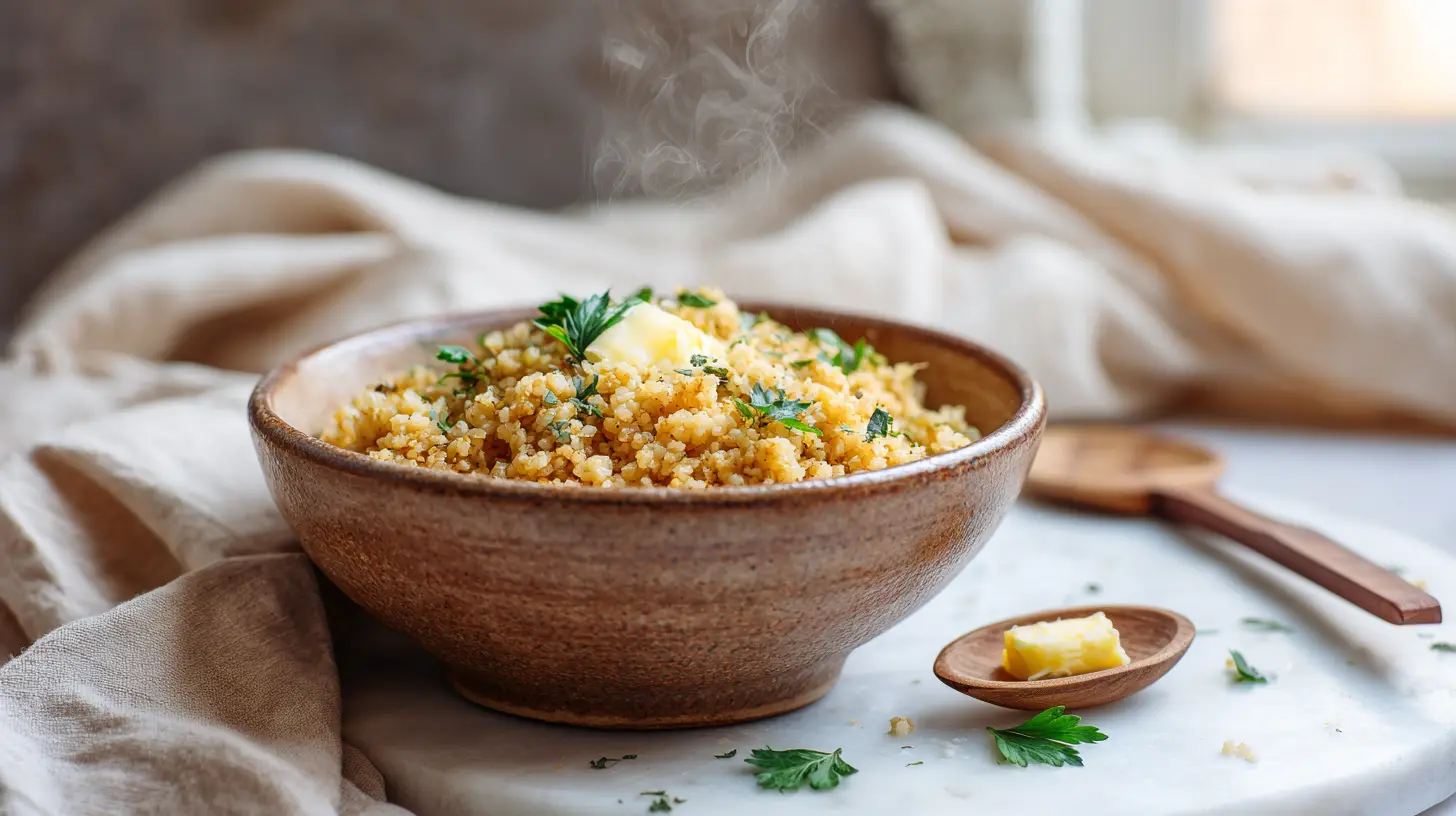 Warm Turkish bulgur pilaf with fluffy grains and fresh herbs in ceramic bowl