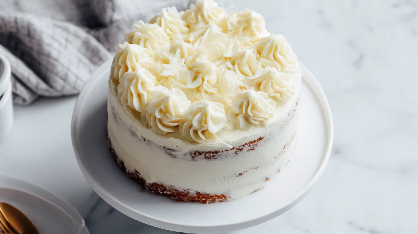 Whole two-layer Hawaiian carrot cake with swirled cream cheese frosting on cake stand