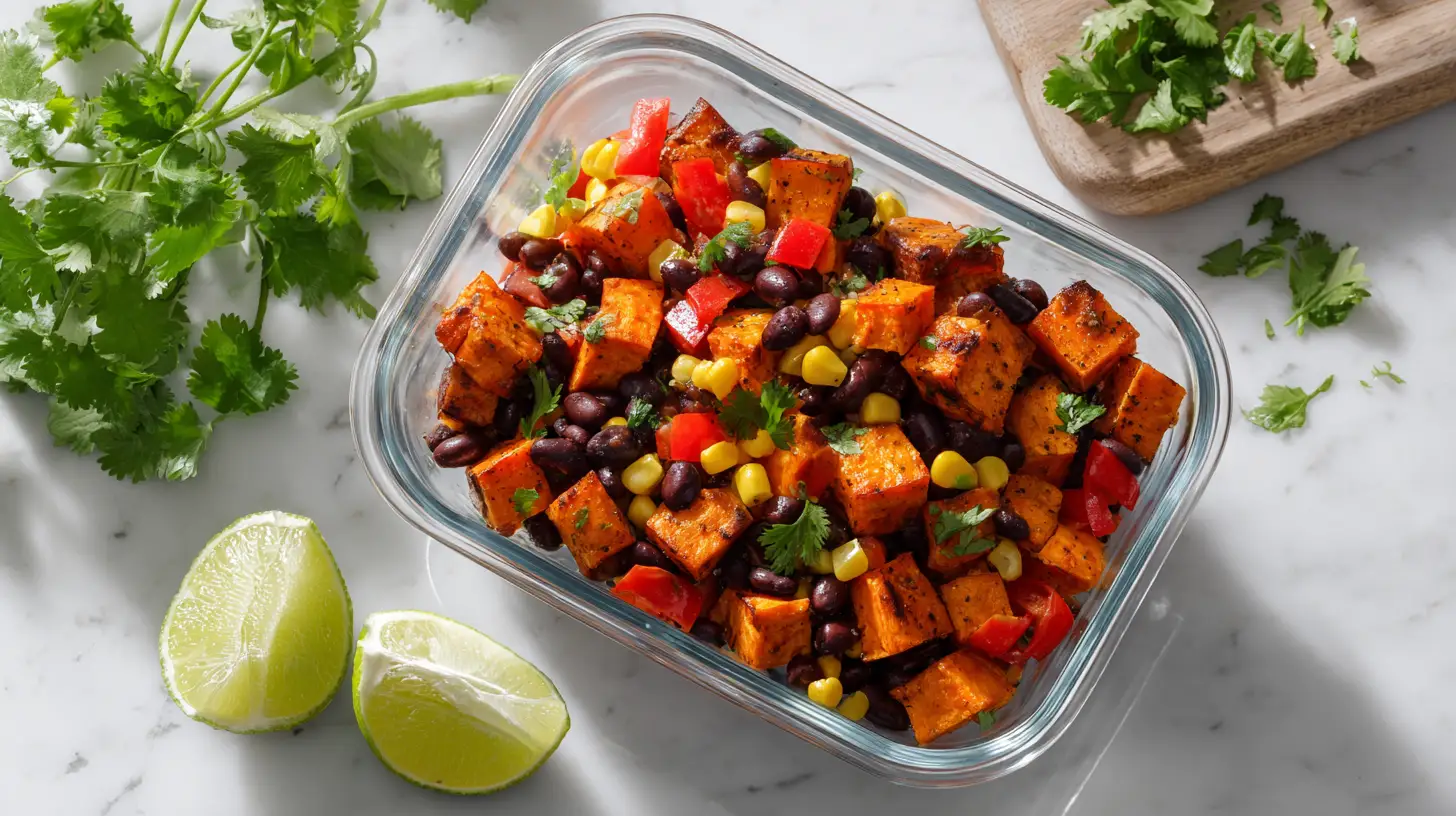 Colorful vegetarian meal prep bowl with roasted sweet potatoes, black beans, corn and fresh vegetables on marble surface
