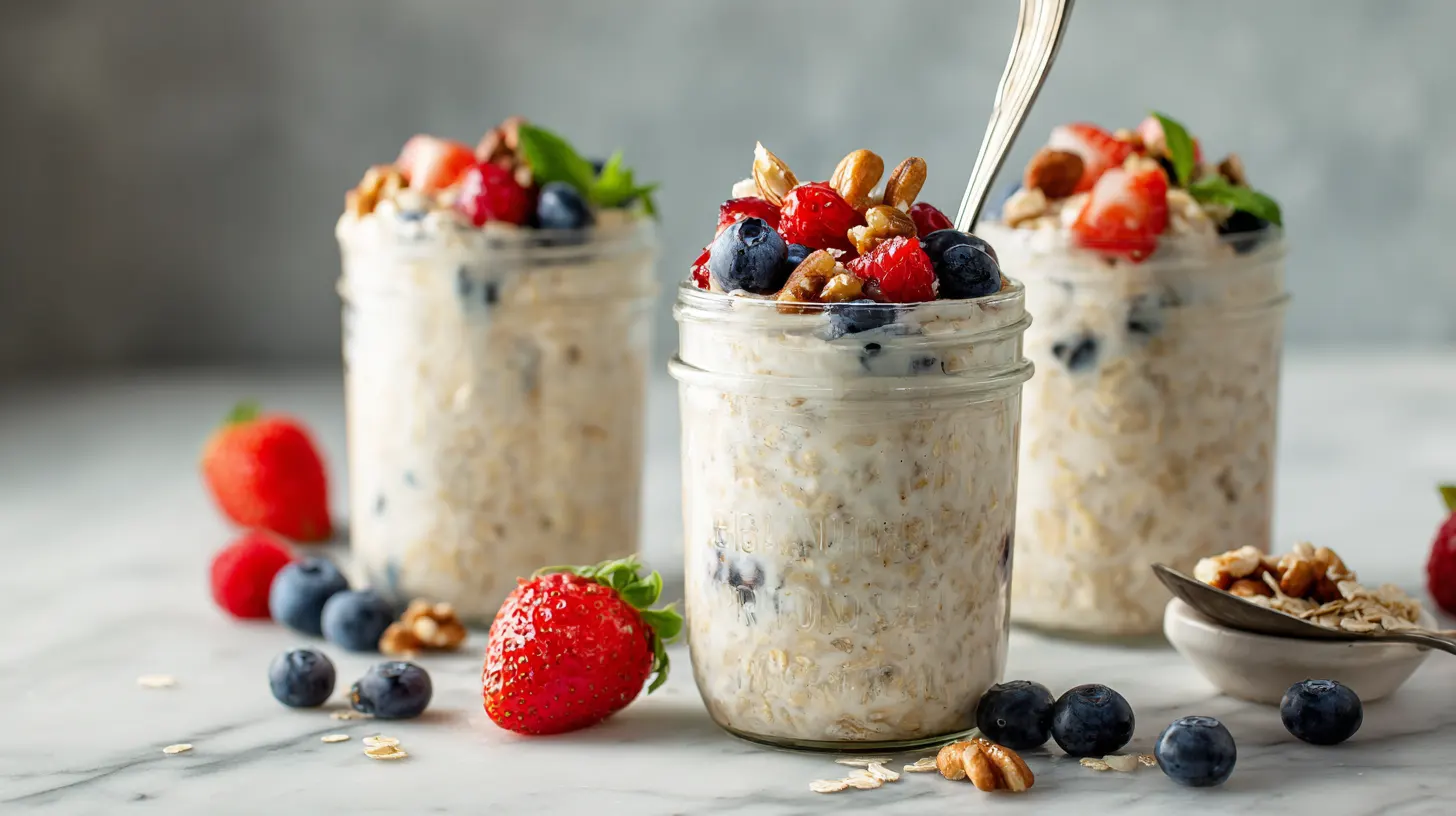 Overnight oats in mason jars with berries as part of weekly meal prep plan breakfast