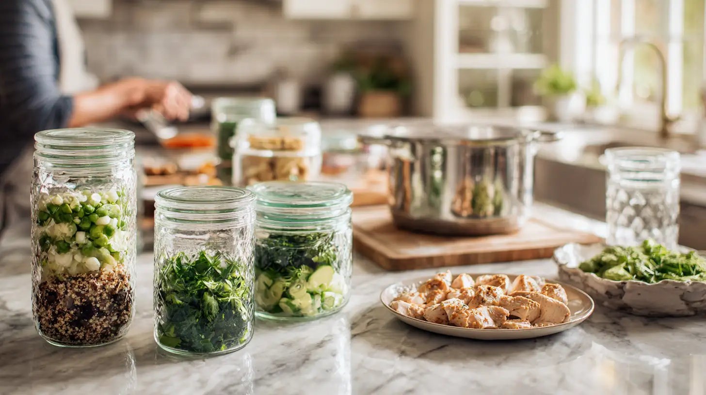 Meal prep lunch session in progress with glass containers, chopped vegetables and cooked proteins on marble kitchen counter