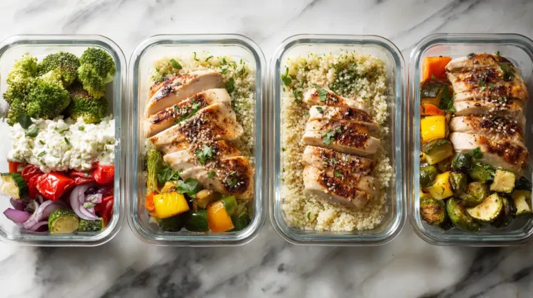 Weekly meal prep plan with glass containers filled with chicken, quinoa, and roasted vegetables on marble countertop