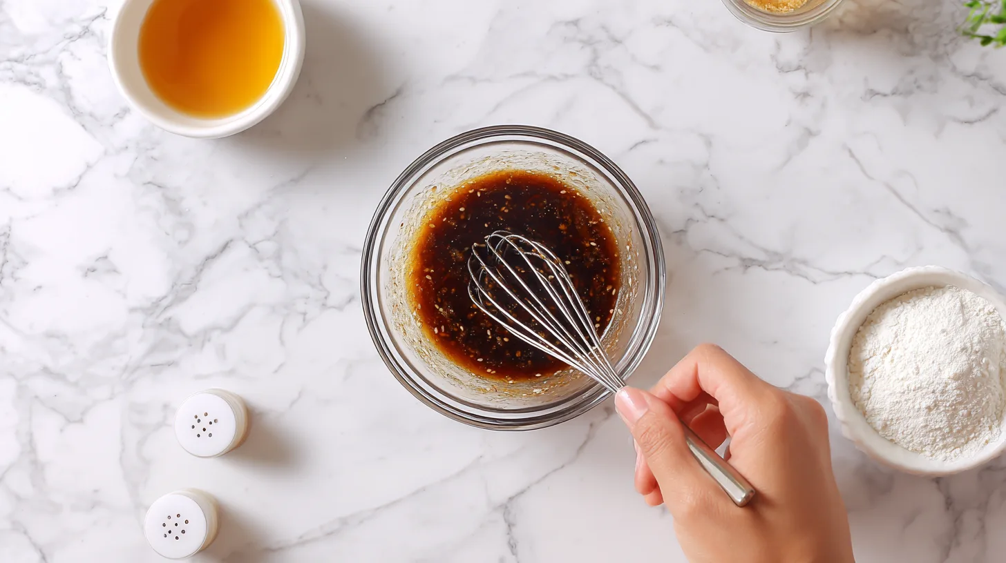 Hands whisking homemade stir-fry sauce in glass bowl with soy sauce, honey, and sesame oil on marble countertop