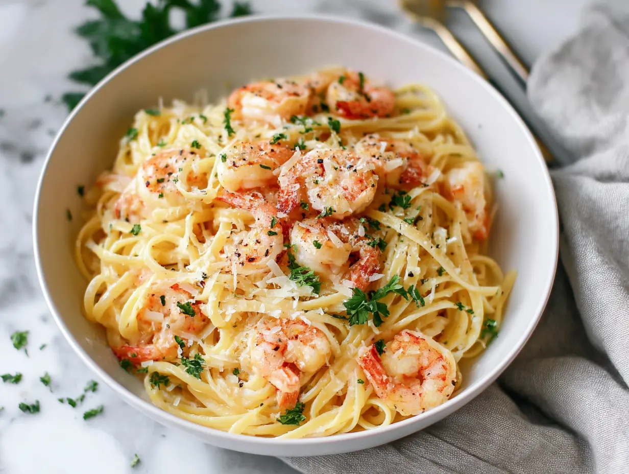 Creamy garlic shrimp pasta with linguine and parmesan in white bowl
