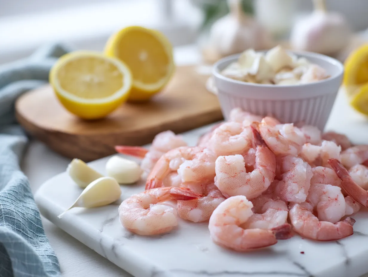 Fresh raw shrimp with lemon and garlic ready for cooking on marble surface