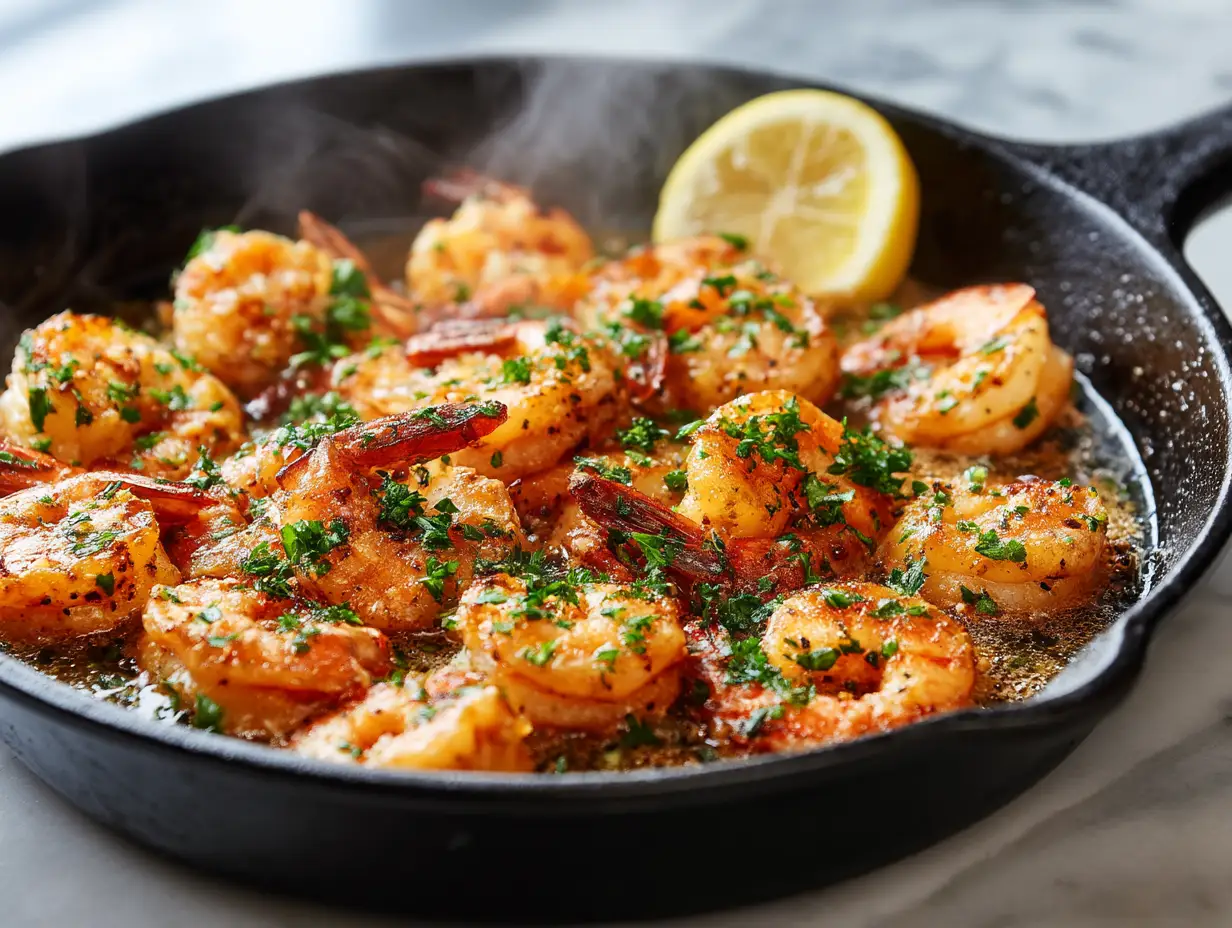 Garlic butter shrimp sizzling in cast iron skillet with parsley and lemon