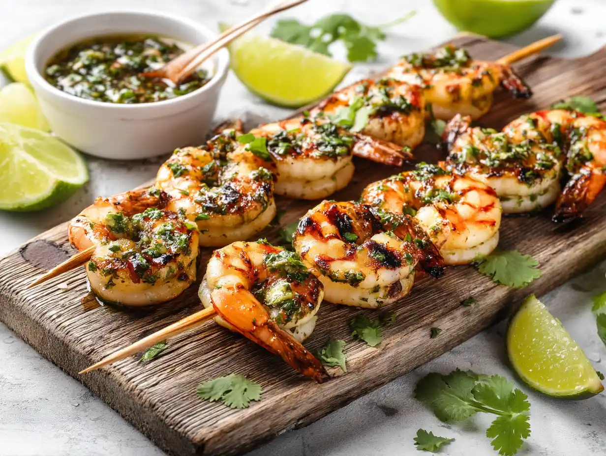 Grilled shrimp skewers with char marks served with lime and cilantro