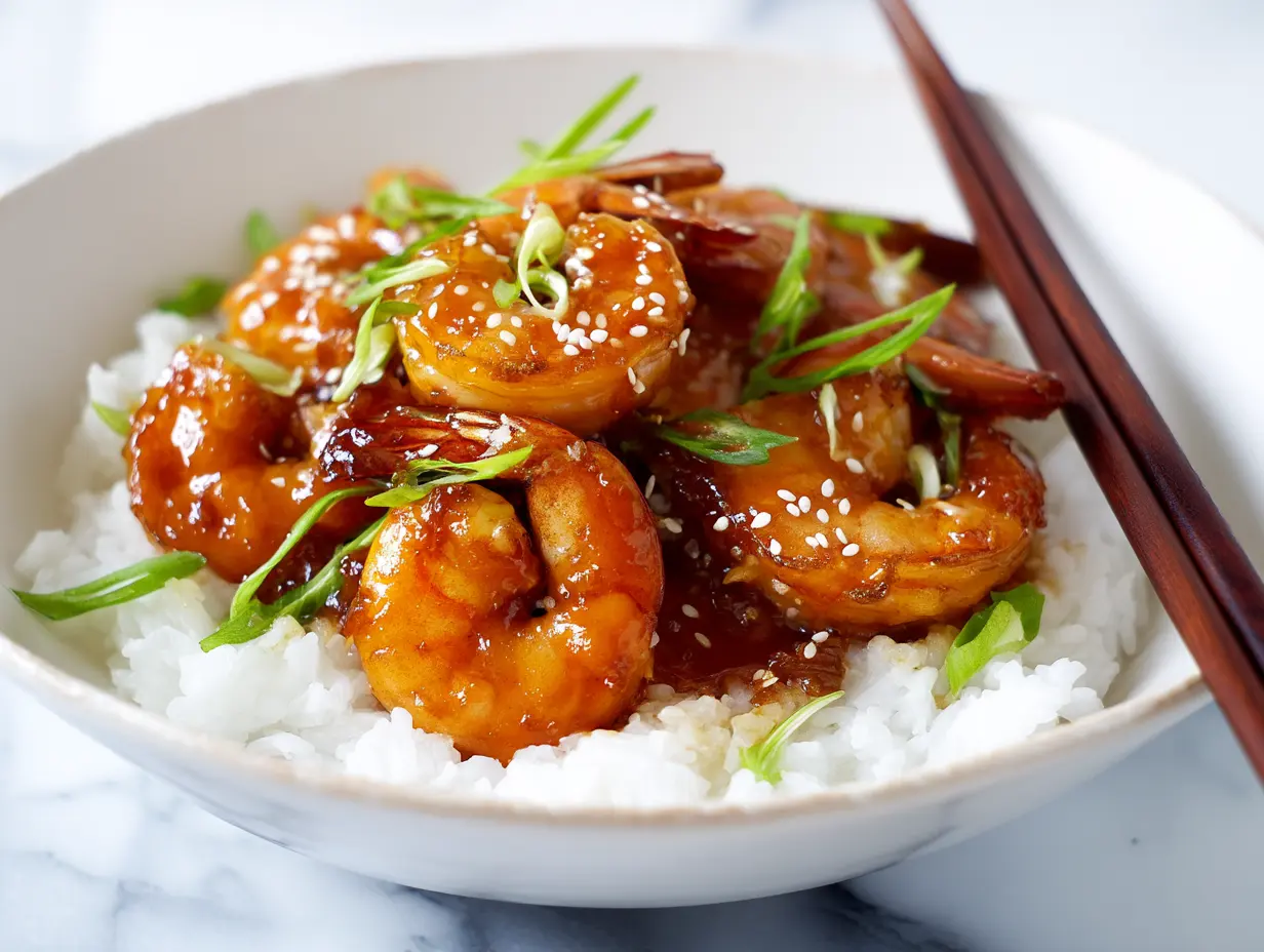 Sticky honey garlic shrimp served over white rice with green onions