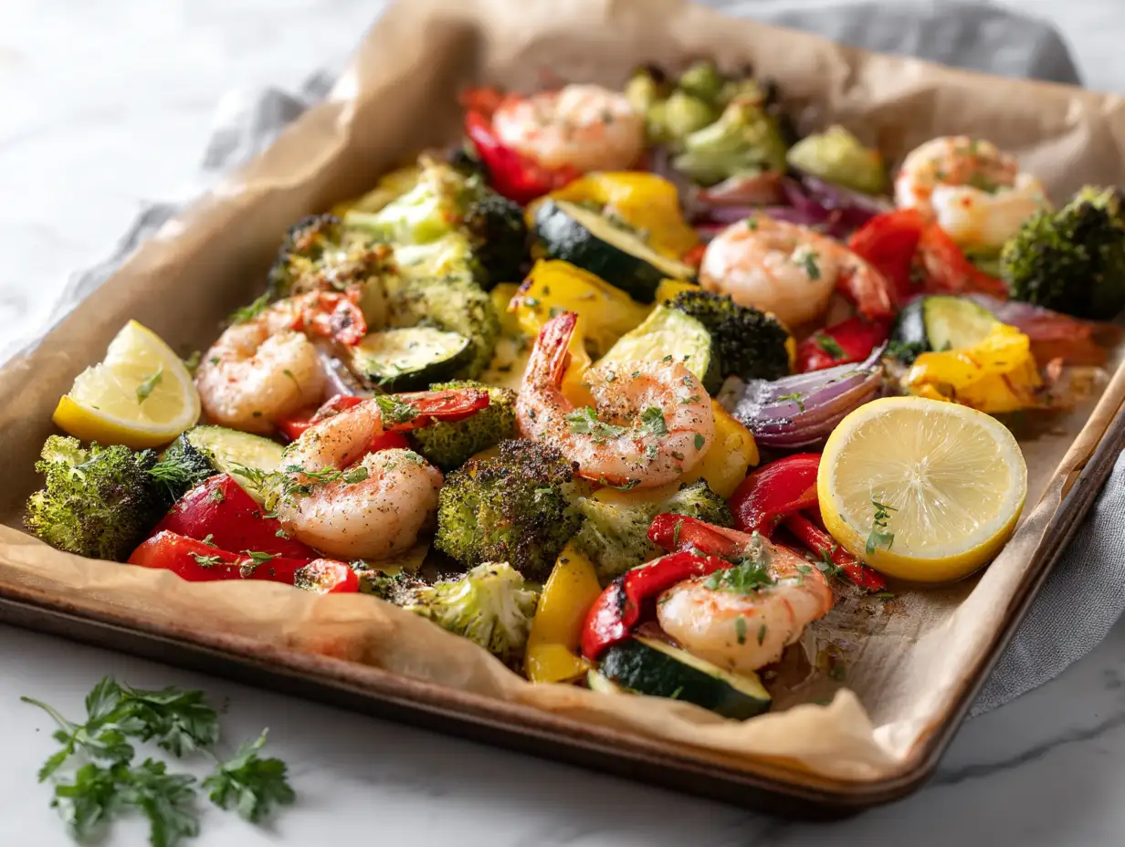 Sheet pan shrimp dinner with roasted broccoli, peppers, and zucchini