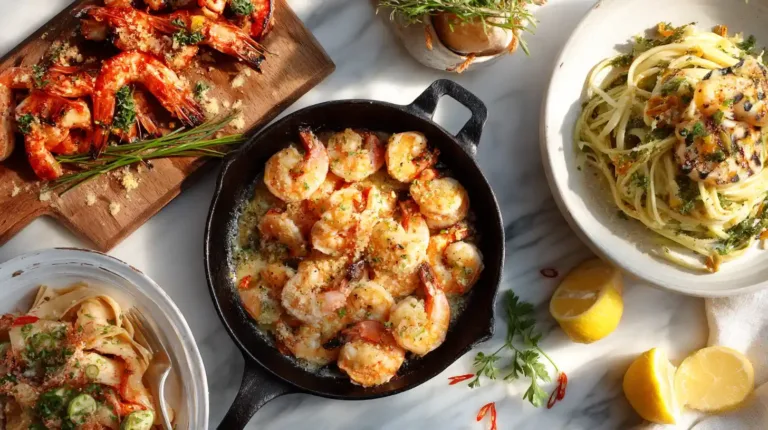 Collection of easy shrimp recipes including garlic butter shrimp, pasta, and grilled skewers on marble countertop
