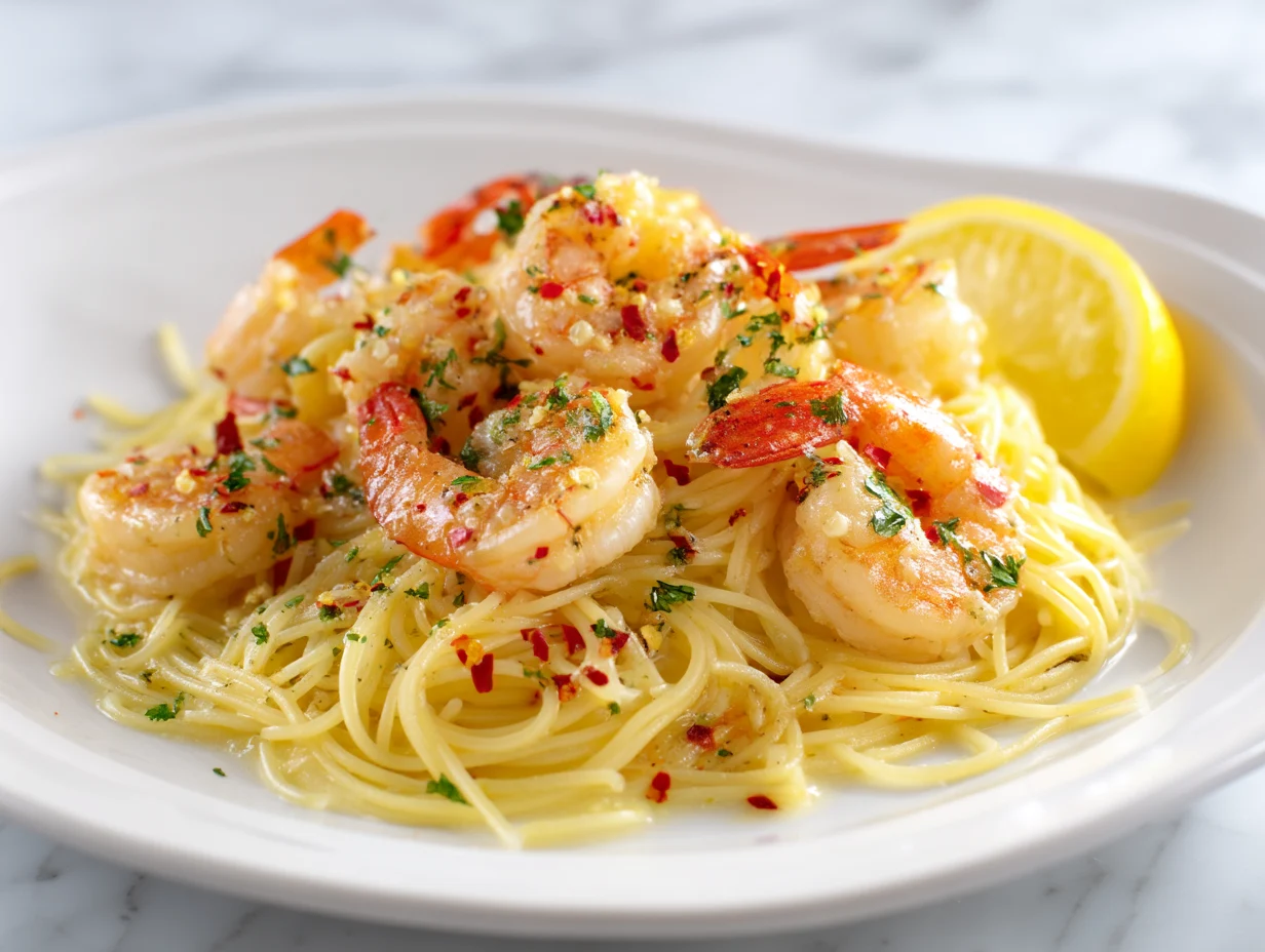 Shrimp scampi with angel hair pasta in lemony garlic butter sauce
