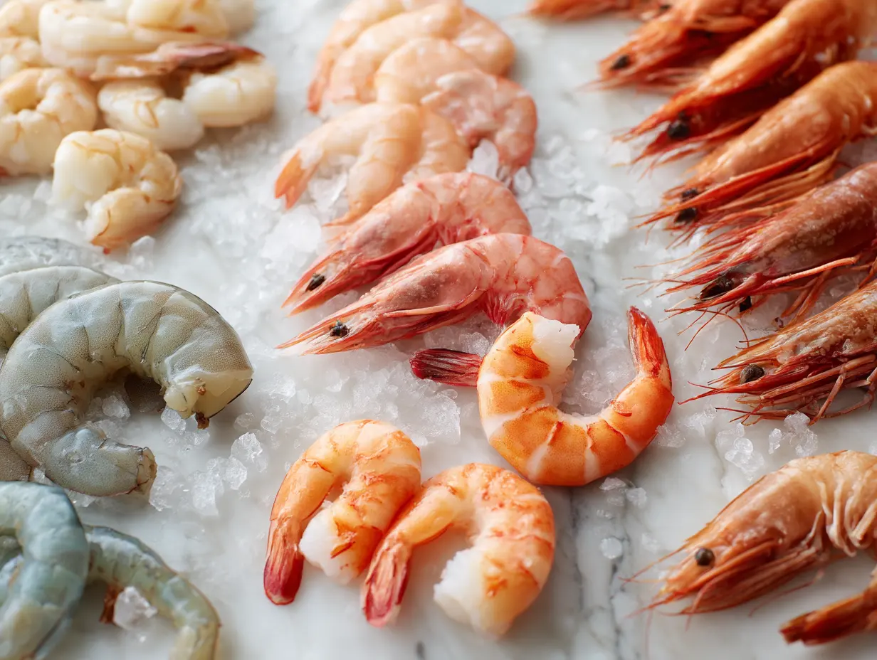 Different sizes of fresh raw shrimp, from small to jumbo for cooking guide