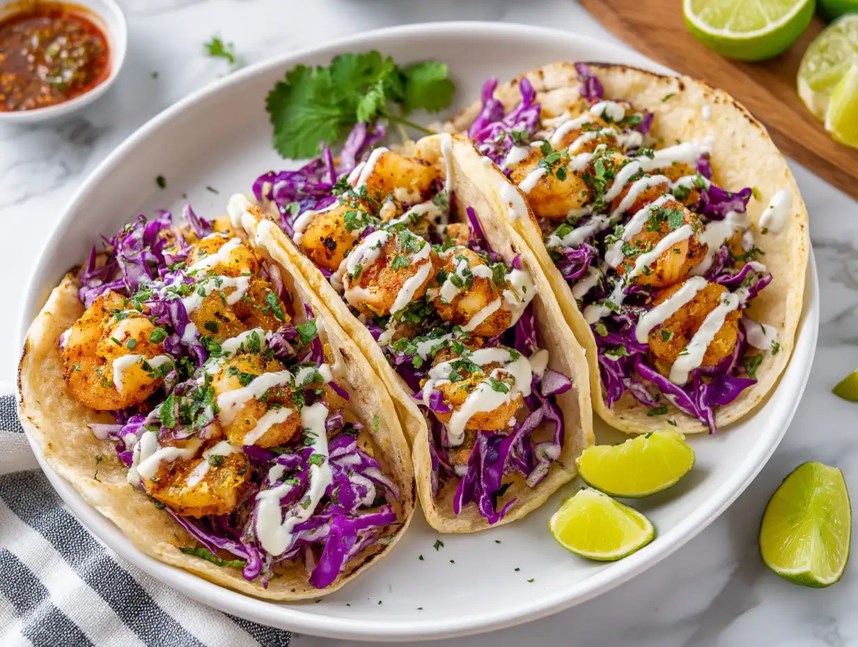 Shrimp tacos with purple cabbage slaw and lime crema on corn tortillas
