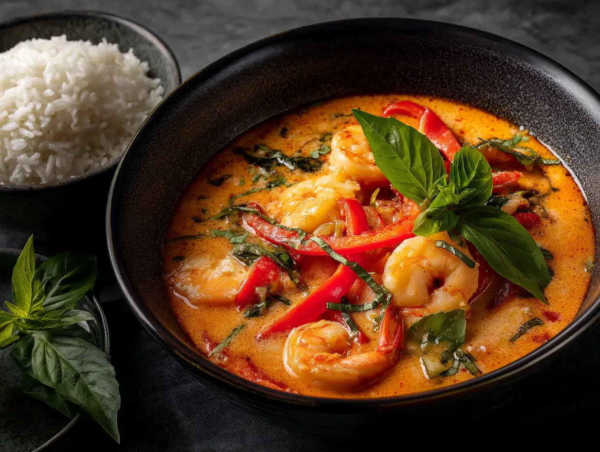 Creamy Thai coconut shrimp curry with basil served with jasmine rice