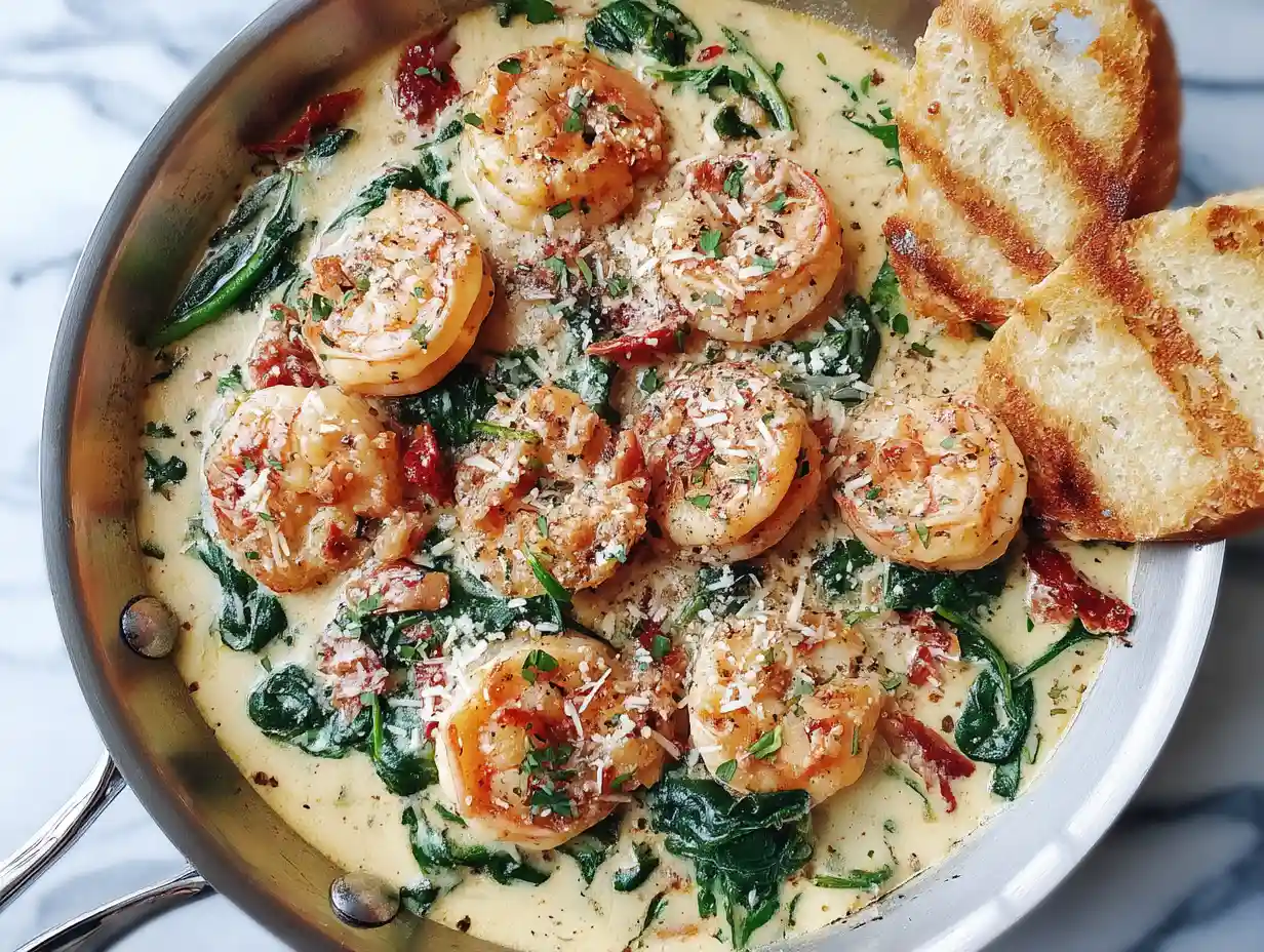 Creamy Tuscan shrimp skillet with spinach and sun-dried tomatoes