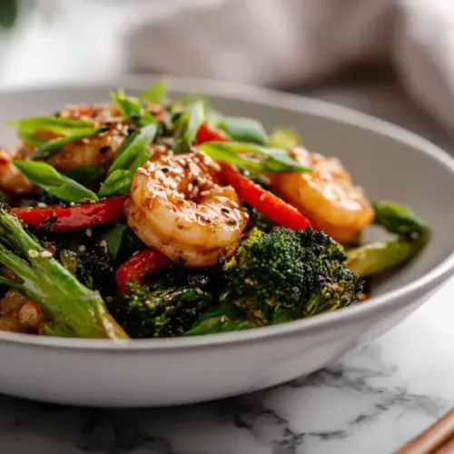 Shrimp stir fry recipe in white bowl on marble countertop