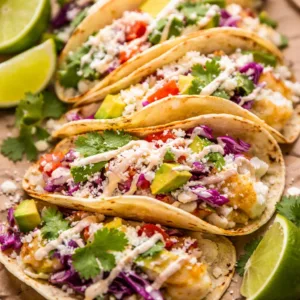 Delicious fish tacos with flaky fish and zesty sauce topped with fresh ingredients.