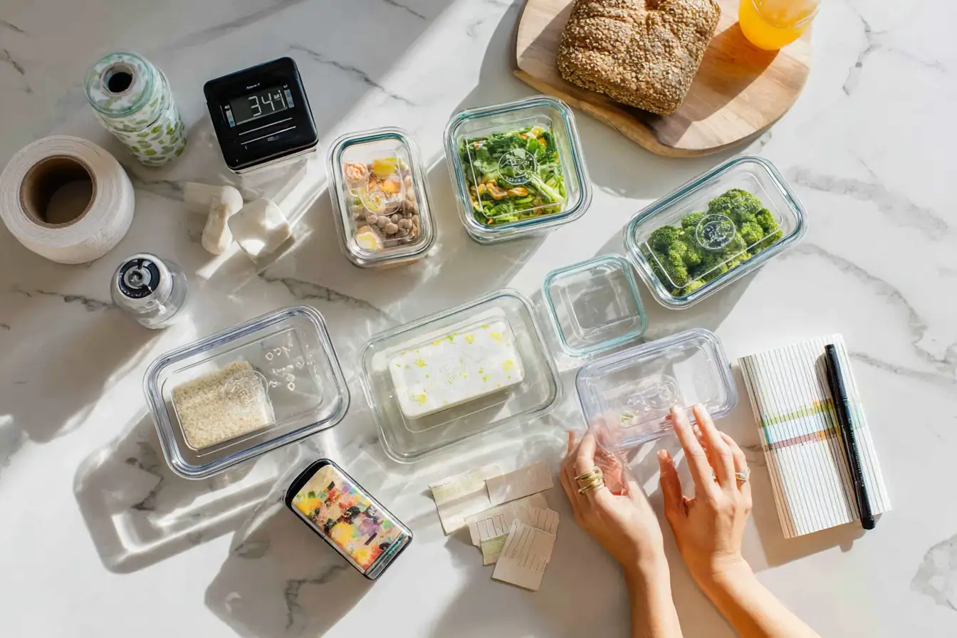 Assortment of airtight meal prep containers with painter's tape labels and a fridge thermometer on a marble countertop