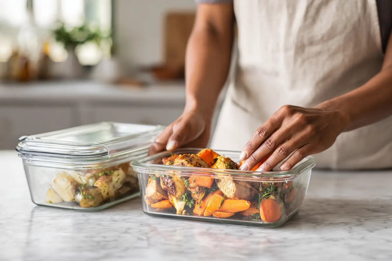 Woman inspecting an open meal prep container of cooked chicken to check if it is still fresh