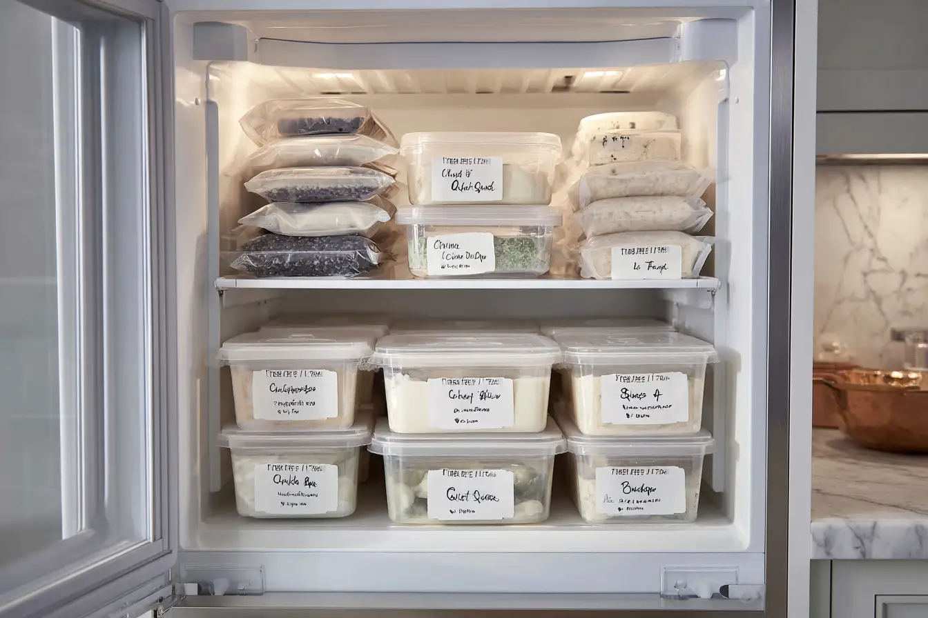 Organized freezer with labeled meal prep bags and containers showing food names and freeze dates