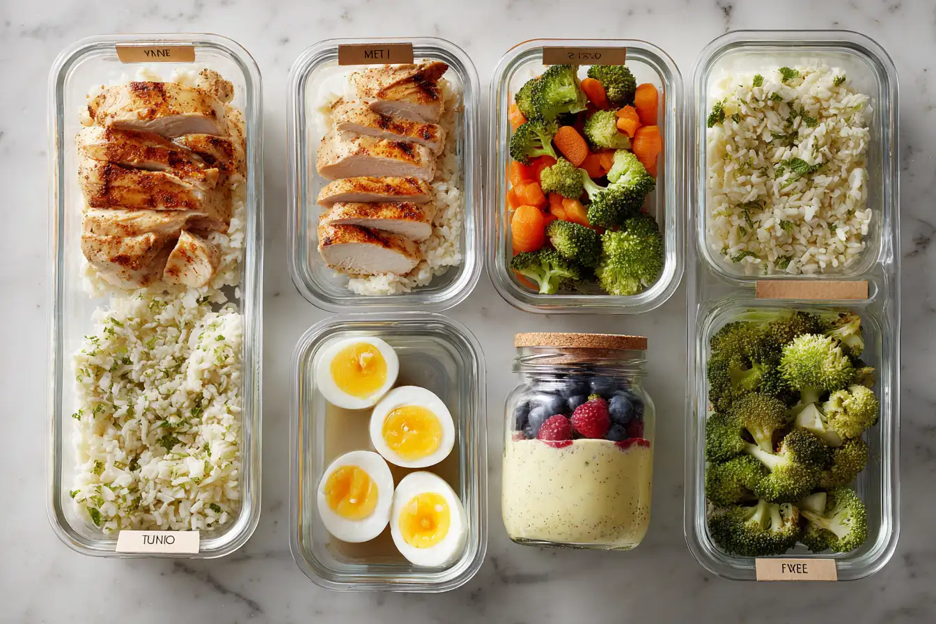Top-down view of six glass meal prep containers with different foods labeled by day of the week