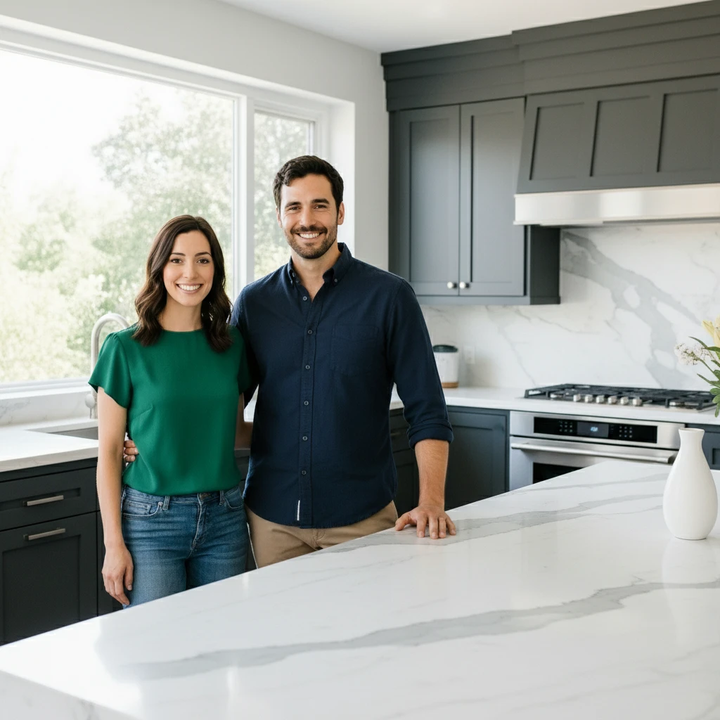 Nora and Nicolas Dalim smiling in their kitchen, creators of My Recipes Made family food blog