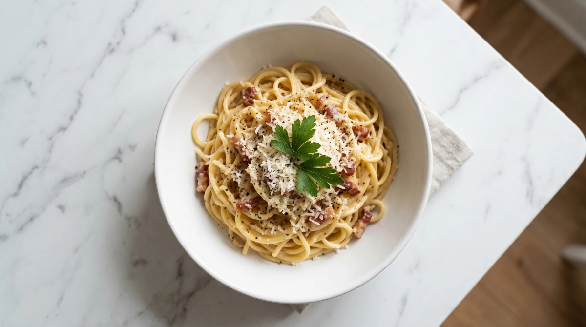 Spaghetti carbonara with creamy egg sauce, halal turkey bacon and pecorino cheese on white marble