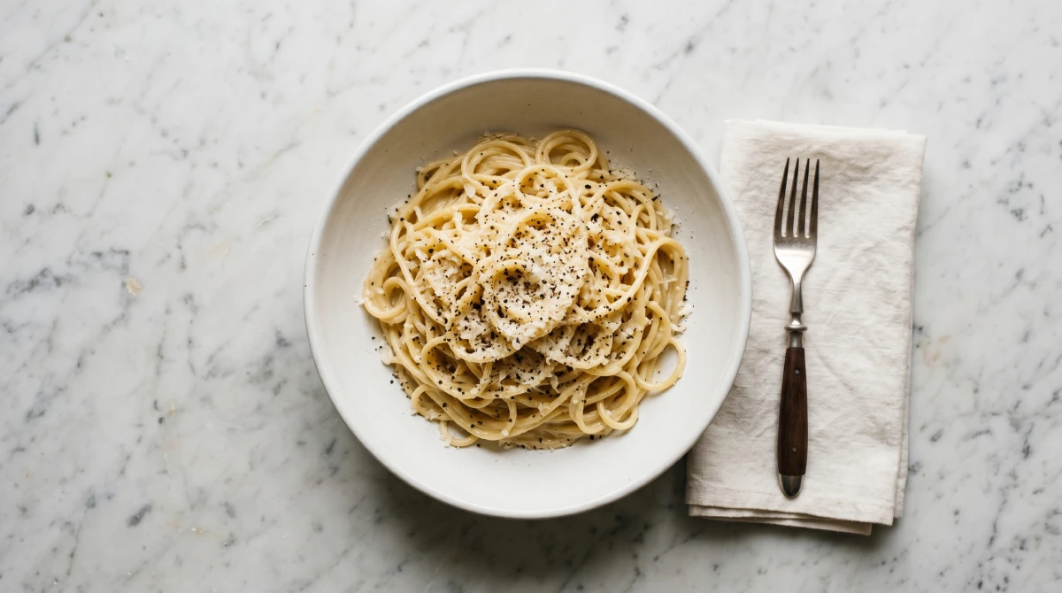 Cacio e pepe pasta with pecorino romano cheese and coarse black pepper in white bowl on marble