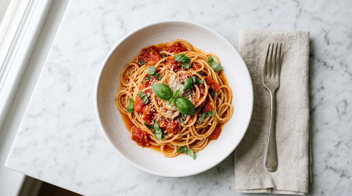 Pasta pomodoro with fresh San Marzano tomato sauce and basil in white bowl on marble counter