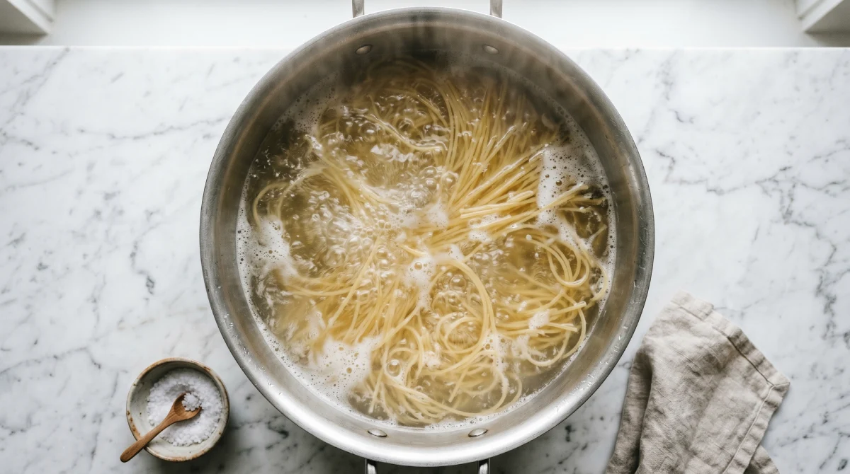 Pasta boiling in salted water in large pot on white marble counter
