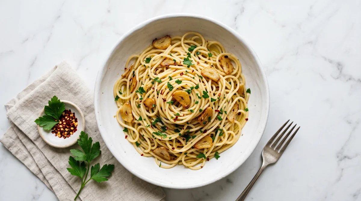 Spaghetti aglio e olio with golden garlic slices and fresh parsley in white bowl on marble counter
