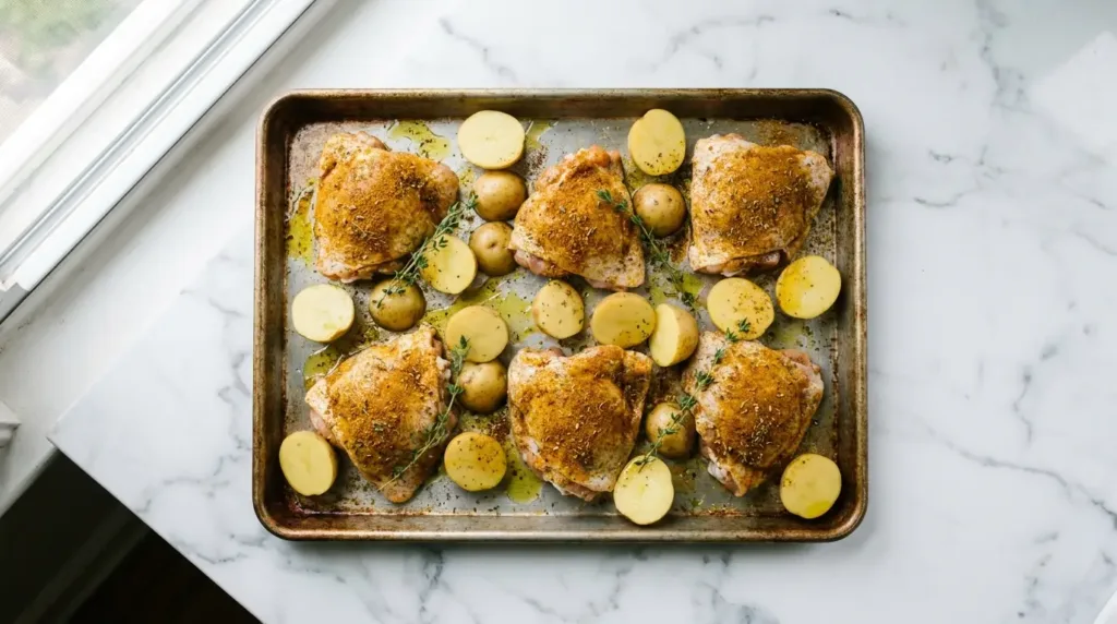 Arranging Chicken Thighs and Potatoes on the Sheet Pan Seasoned chicken thighs and halved baby potatoes arranged on a sheet pan before roasting