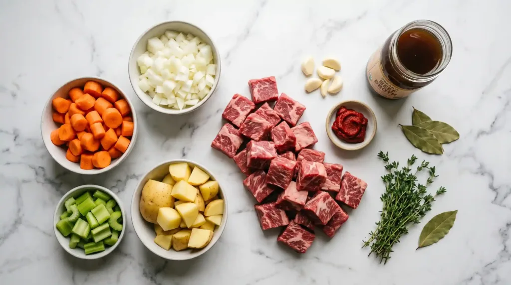 Beef Stew Ingredients — Simple Pantry Staples Overhead view of all beef stew ingredients laid out on white marble — chuck roast, vegetables, herbs and broth