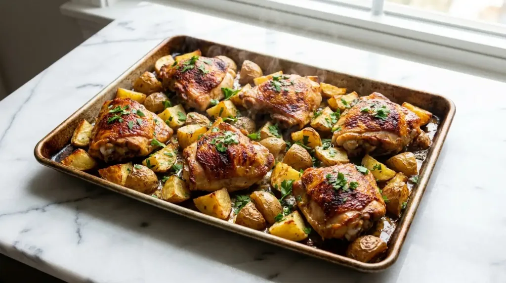 Finished Sheet Pan Chicken Thighs and Potatoes Golden roasted chicken thighs and crispy potatoes on a sheet pan garnished with fresh parsley