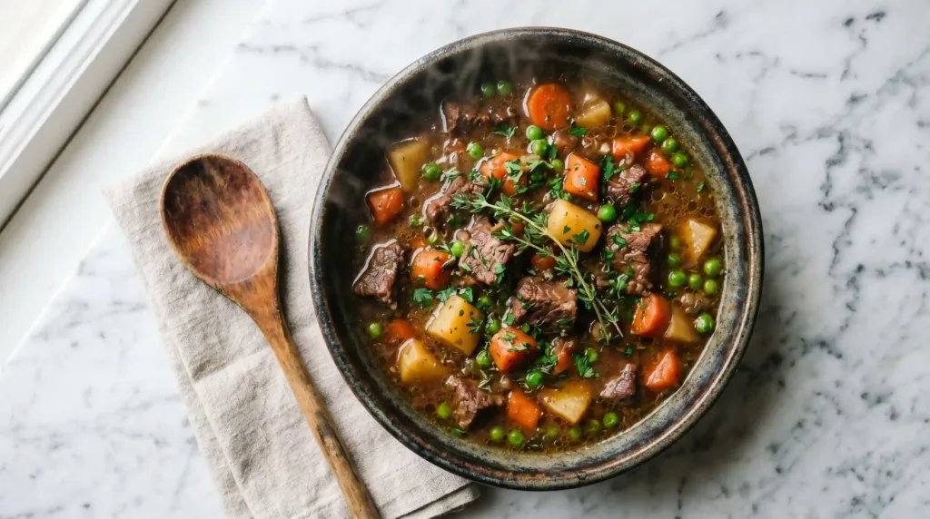Deep bowl of homemade beef stew with tender beef, carrots, potatoes and peas in rich dark broth