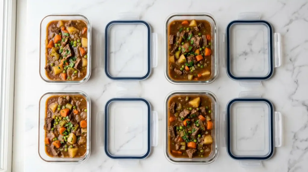 How to Store Beef Stew — Fridge and Freezer Tips Glass containers filled with beef stew portions for meal prep storage in fridge or freezer