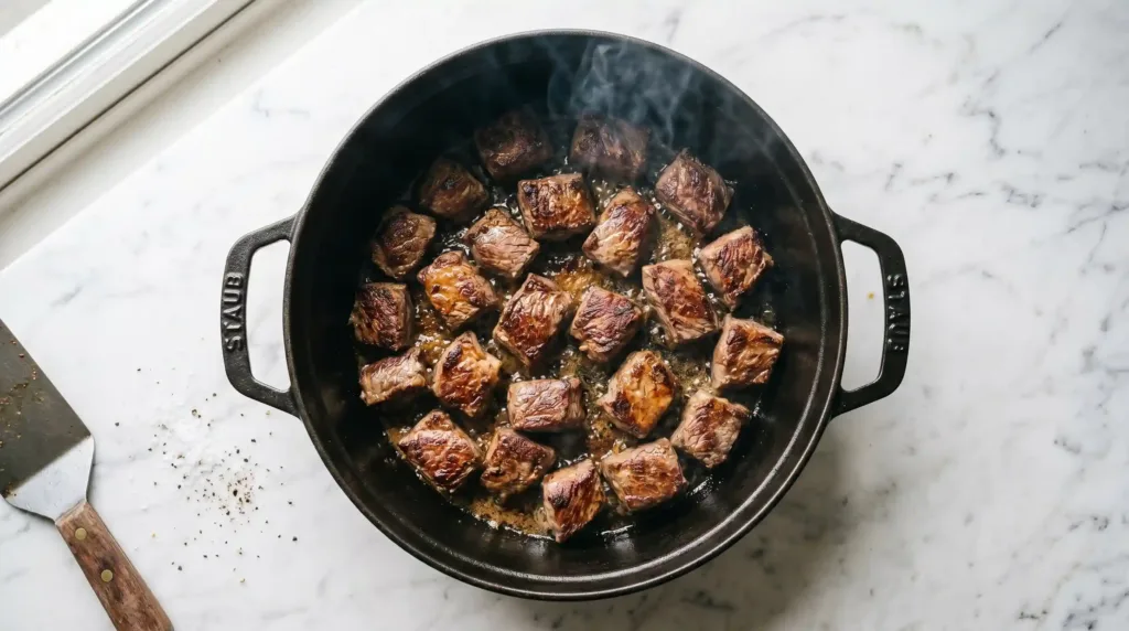Beef chuck roast chunks searing in a Dutch oven, developing a golden brown crust for deep flavor