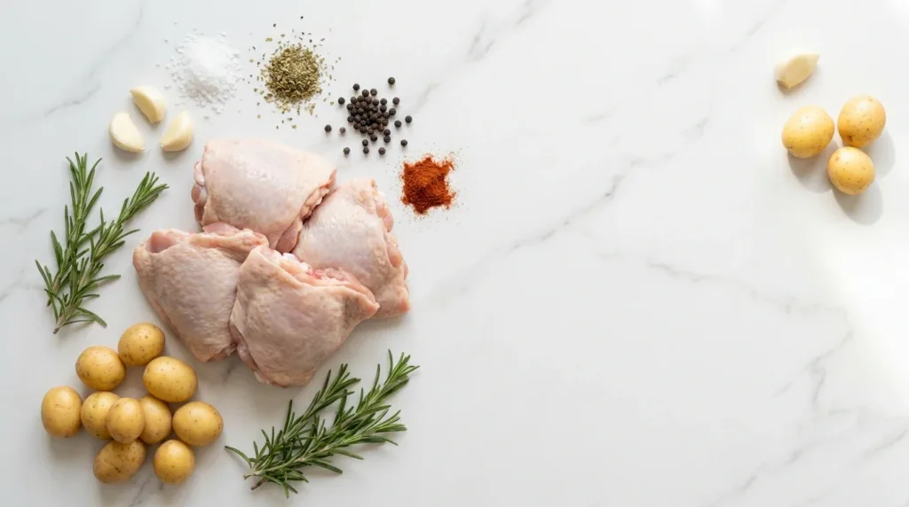 Sheet Pan Chicken Thighs and Potatoes Ingredients Overhead view of raw chicken thighs, baby potatoes, garlic, and seasoning ingredients on white marble counter