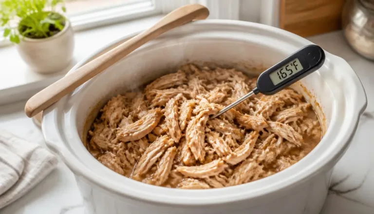 Tender, juicy slow cooker chicken thighs shredded in the crock with a meat thermometer